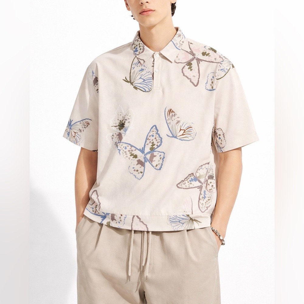 🔥STUDENTS Butterfly Print Button Up Neutral NWT Men’s Shirt Size XL
